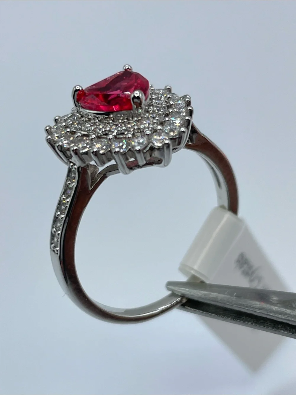 Swarovski Crystal Elements Ruby Red Heart Crystal White Halo Statement Ring Sz 8